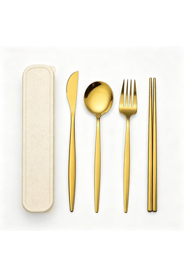 Premium Travel Flatware Set, 4 Pieces Gold Stainless Steel, Coated Handles, Eco-Friendly Storage Box