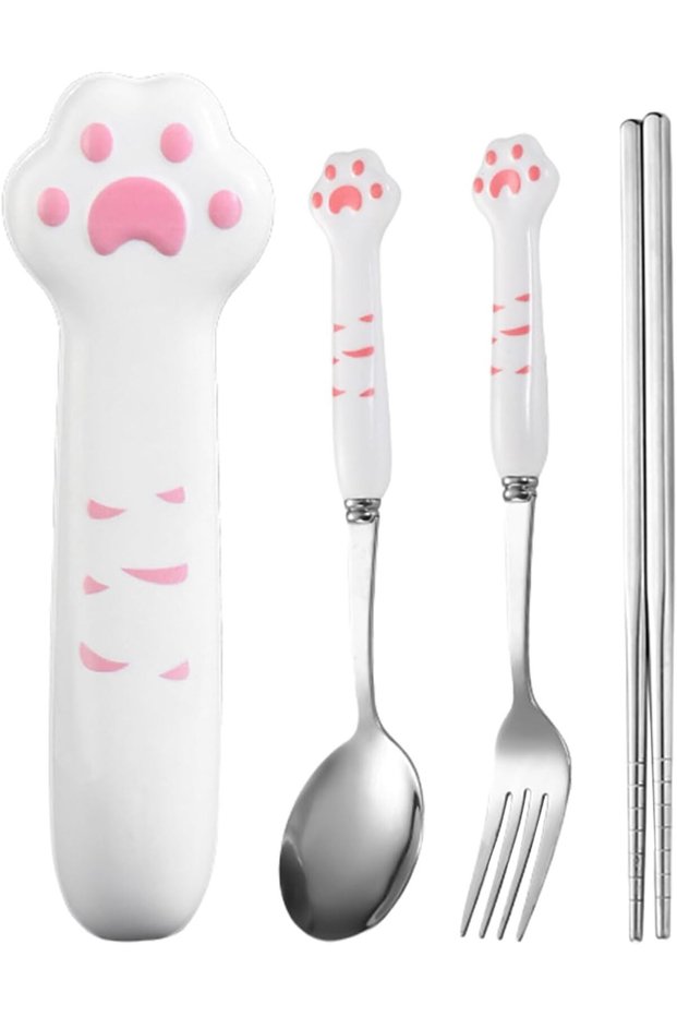 1 Set Cutlery, Cute Reusable Chopsticks for Adults, Cat Paw Chopsticks, Travel Utensils with Case