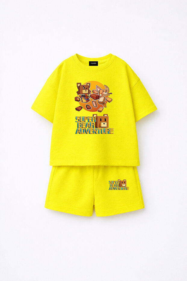Super Bear Adventure Super Bear Printed Oversize 100% Cotton T-Shirt Shorts 2-Piece Children's Set