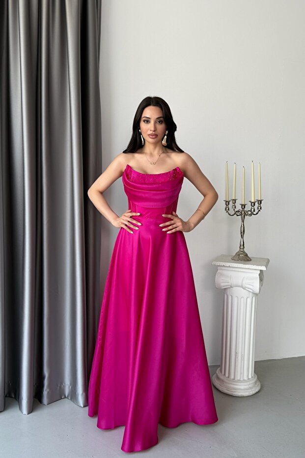 Fuchsia Stone Embellished Strapless Satin Evening Dress
