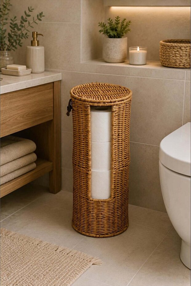 Rattan 1706 Wc Toilet Paper Storage Basket with Lid Organizer Decorative Organizer