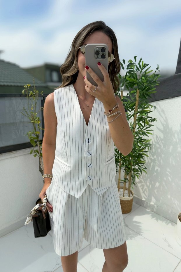 Women's Striped Vest and Shorts Set White