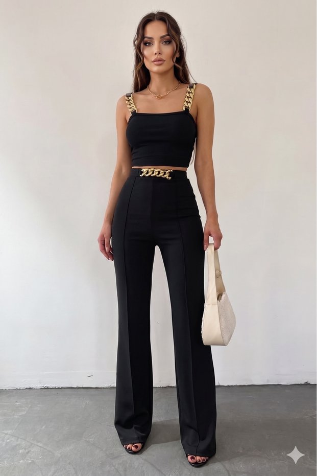 New Season Women's Chain Strap Crop Imported Crepe Blouse and Trousers Two-Piece Set