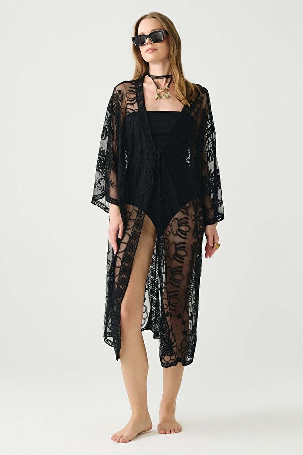 Lace Detail Front Tie Long Beach Dress Black