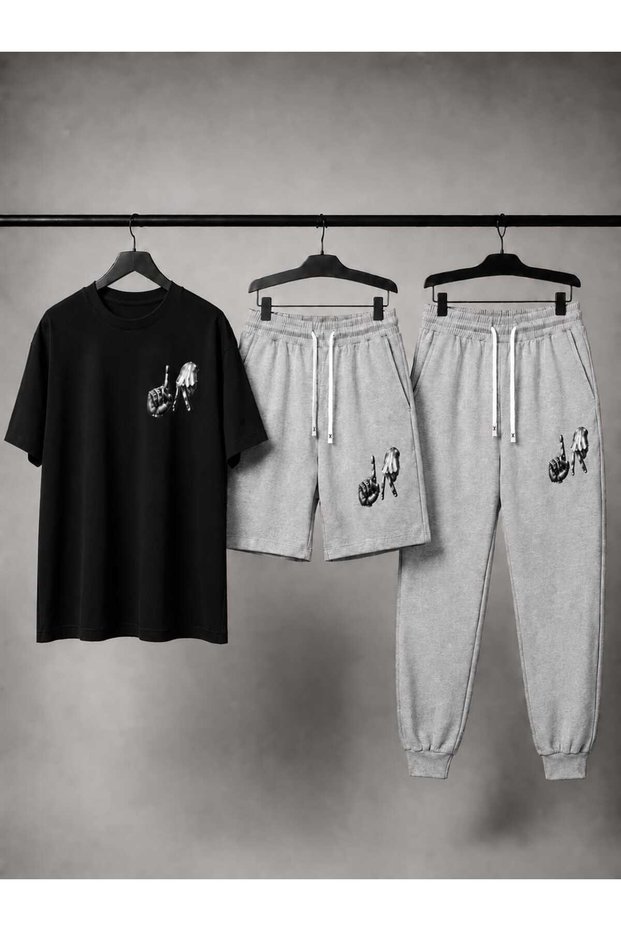 T-Shirt Sweatpants Shorts 3-Piece Combination Thin Summer Finger Printed Women's / Men's Unisex Model
