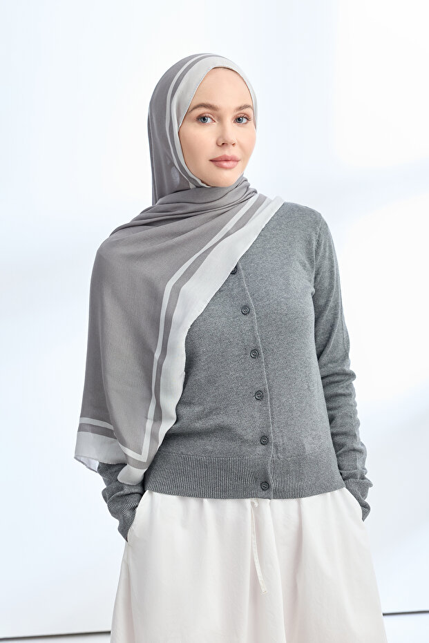 Elegant Harmony Frame Pattern Shawl - Gray - Silver - 2