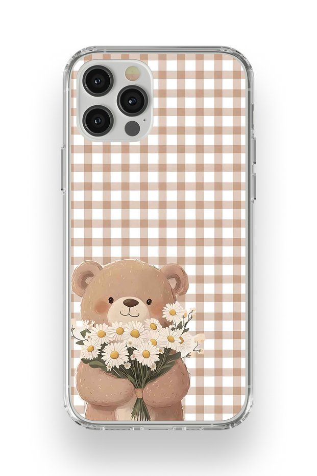 حافظة هاتف شفافة متوافقة مع هاتف iPhone 12 Pro Max مع تصميم زهرة وباقة زهور ودب تيدي