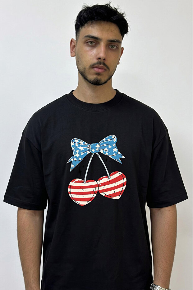 Flag Cherry Design Printed Oversize Black T-Shirt