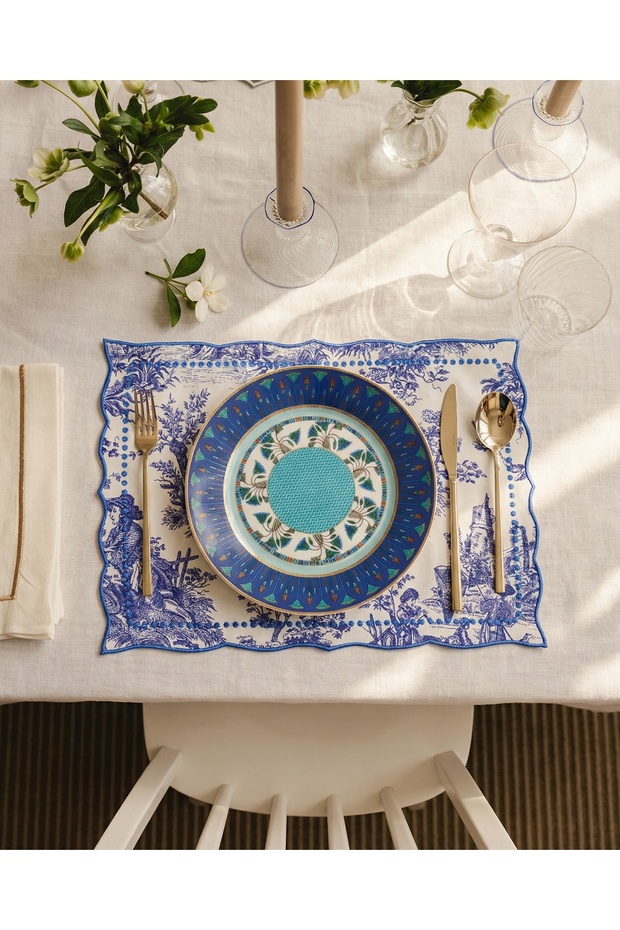 6-Piece Blue Colette Linen Placemat Set Supla |   Stain Resistant |   Modern Table Decor