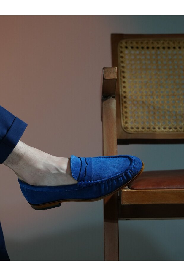 Edna Model Genuine Leather Handmade Navy Blue Suede Casual Shoes