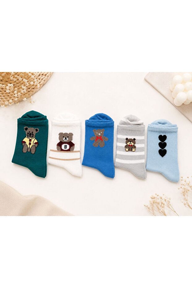 Cute Teddy Bear and Character Patterned Daily Socks Set of 5 Diamond Model 15