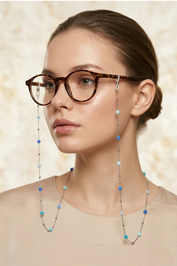 Elegant Blue Crystal Brass Eyeglass Chain