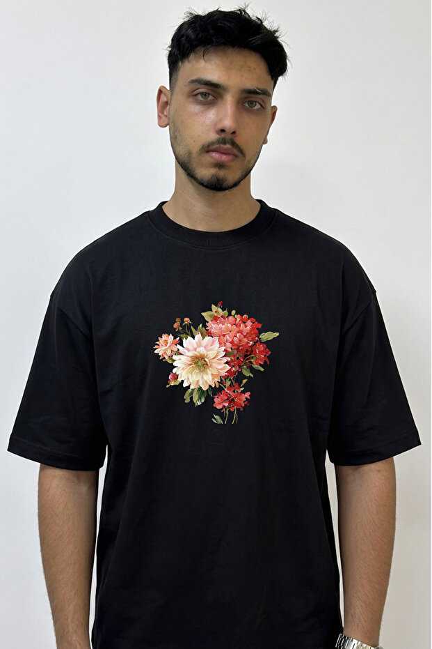 Yagli Boya Cicek Design Printed Oversize Black T-Shirt