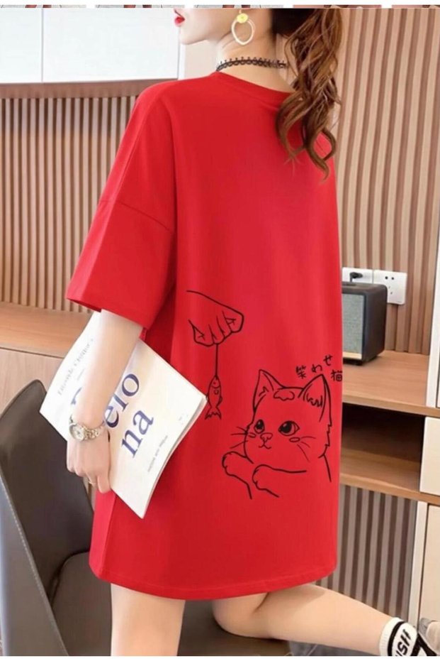 New Season Food Time Cat Back Printed 100% Cotton Plus Size Women's T-Shirt Dress