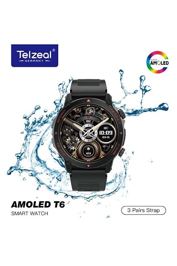 AMOLED T6 Smartwatch – Black, AMOLED Display, 30M Waterproof, 2 Straps, Fitness Tracker