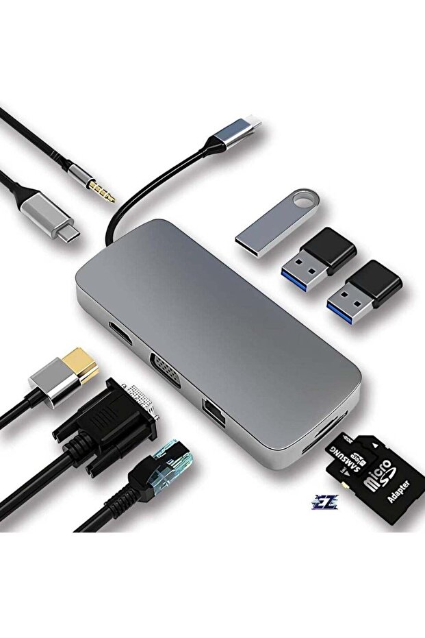 10-in-1 USB C Hub Docking Station with 4K HDMI, VGA, USB 3.0, Ethernet, SD/TF, 3.5mm AUX