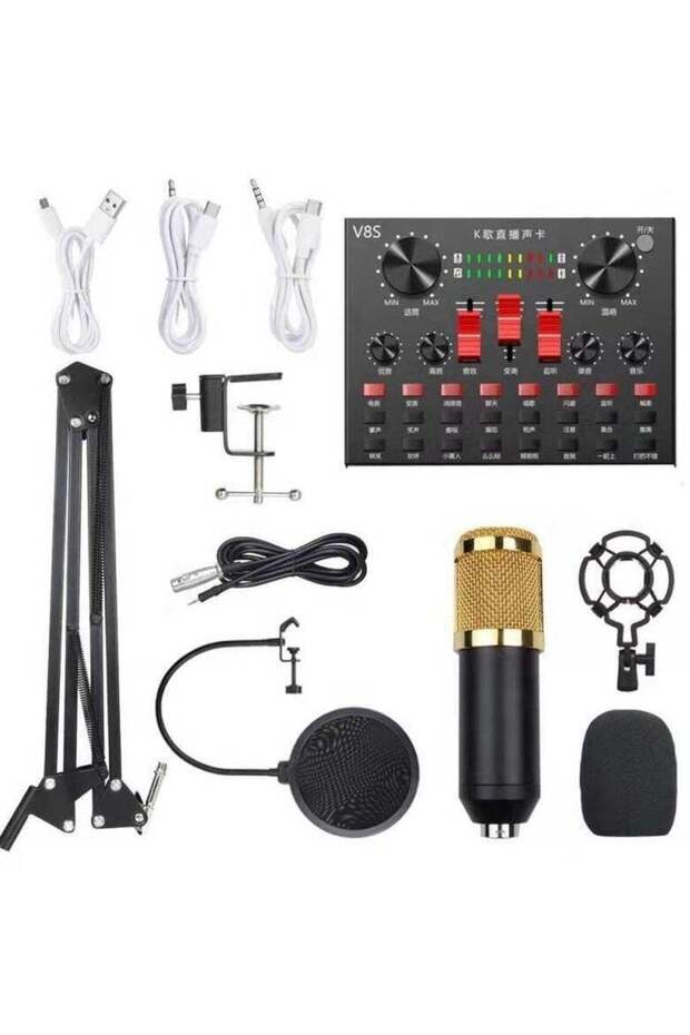 Professional Condenser Microphone Kit with V8s Sound Card and Adjustable Microphone Stand