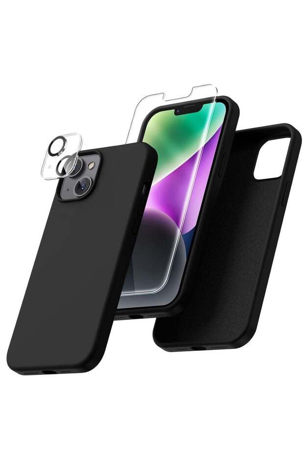 iPhone 14 Black Case - 5-in-1 Set with 2 Screen & 2 Camera Lens Protectors, Liquid Silicone, Shockproof (6.1 Inch)