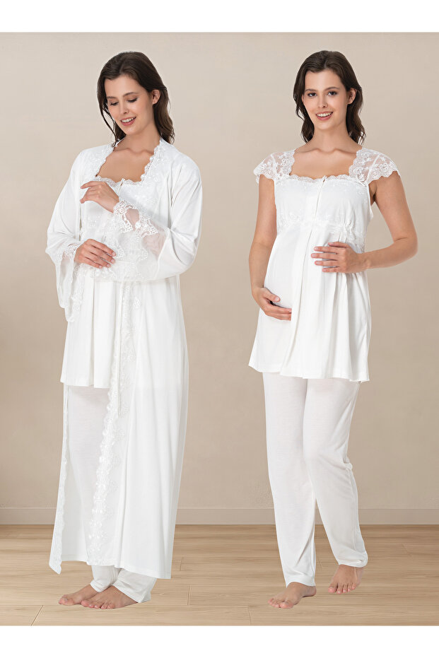 Breastfeeding Feature Lace Detailed Maternity Pajama Set with Dressing Gown Effortt - Ecru