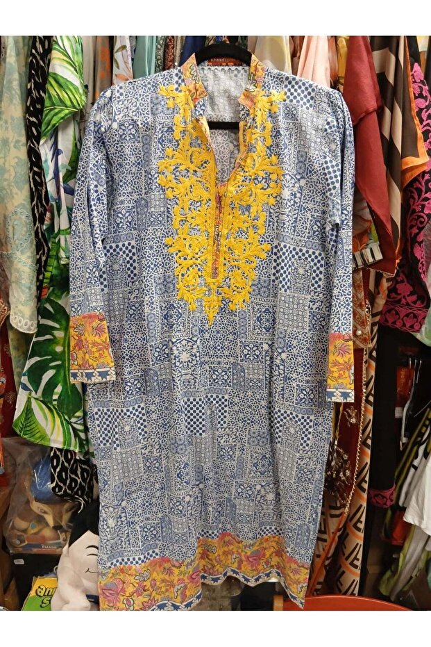 Khaadi Blue Printed Kurta with Yellow Floral Embroidery, Long Sleeves, Soft Lawn Cotton