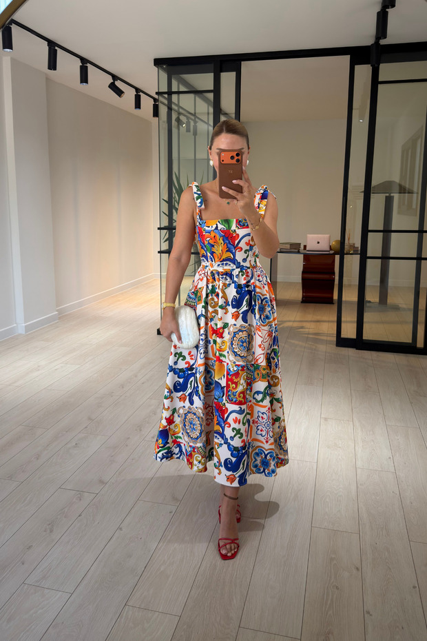 Square Neck Colorful Patterned Bell Dress with Shoulder Ties