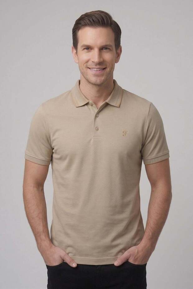 Comfort Fit Comfortable Fit 100% Cotton Non-Curling Collar Beige Polo Collar T-Shirt Ts 931