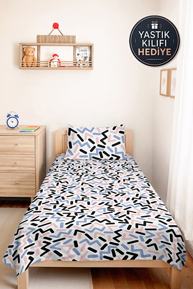 Geometric Pastel Young Room Single Pique Set - Black Blue 160X220 cm Quilted Bedspread