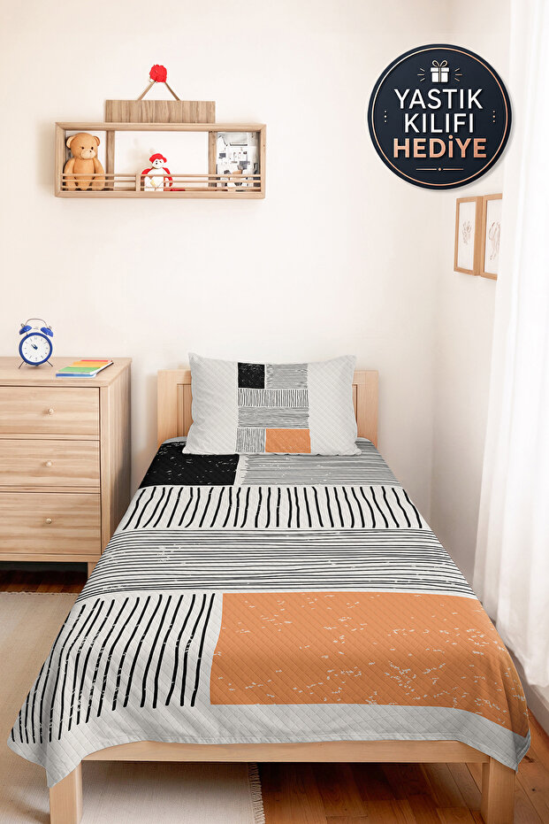 Geometric Striped Black Youth Room Single Pique Set - Salmon 160X220 cm Quilted Bedspread