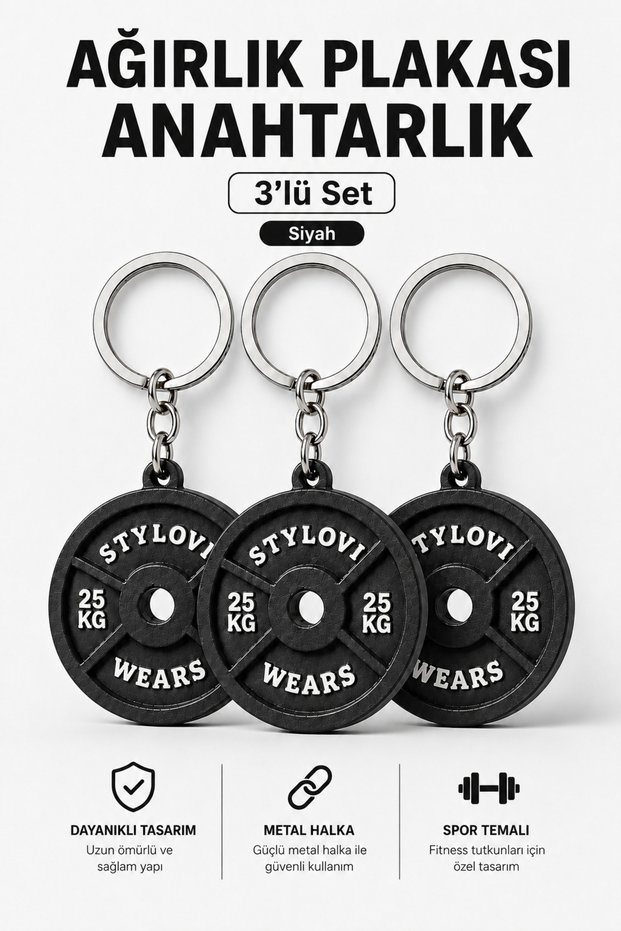 3 Piece Black Weight Plate Keychain Set |   Fitness Gym Sports Themed Metal Ring