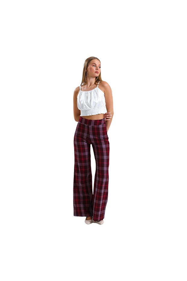 Women's High-Waisted Plaid Wide-Leg Trousers – Classic & Chic, Claret Red