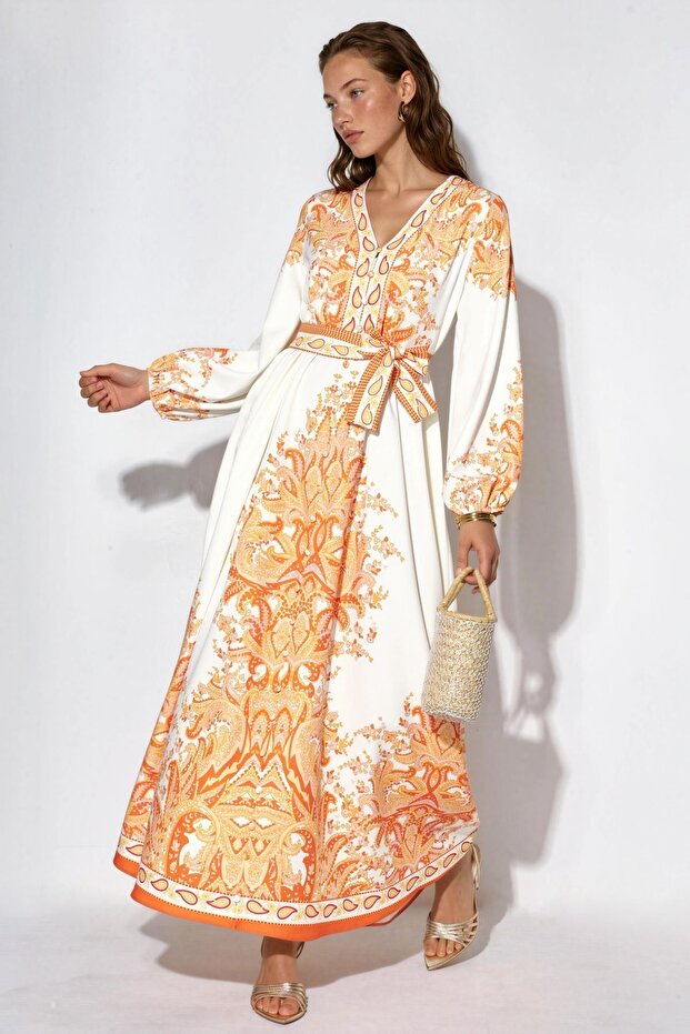 Msn Belted Paisley Patterned Long Dress