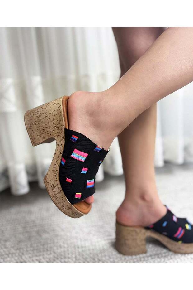 Women's Gresa Black Denim Cork Sole Orthopedic Platform Heeled Slippers