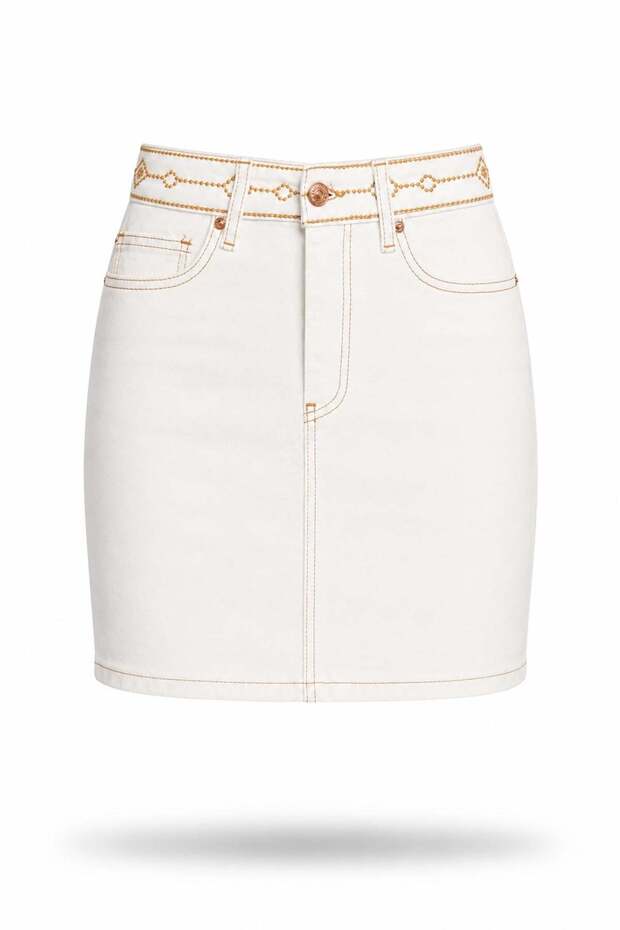 Ecru Patterned Denim Skirt with Waist Detail 1040