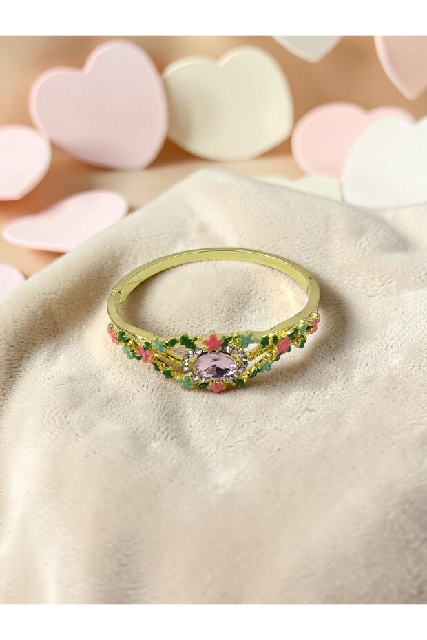 Pastel Flower Garden Themed Pink Zircon Stone Enamel Gold Steel Handcuff Bracelet - Does Not Tarnish