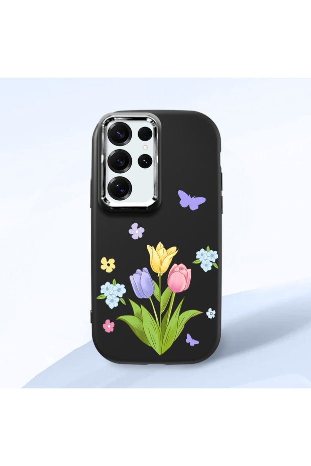 Samsung Galaxy S25 Ultra Compatible Case Camera Protector Black Silicone Couple Phone Case with Floral Pattern