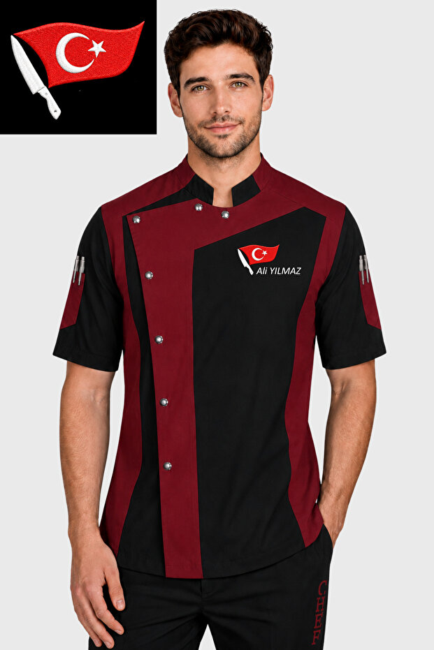 Name Turkish Flag Knife Embroidery Gift Black Burgundy Design Short Sleeve Cook Jacket Chef Jacket