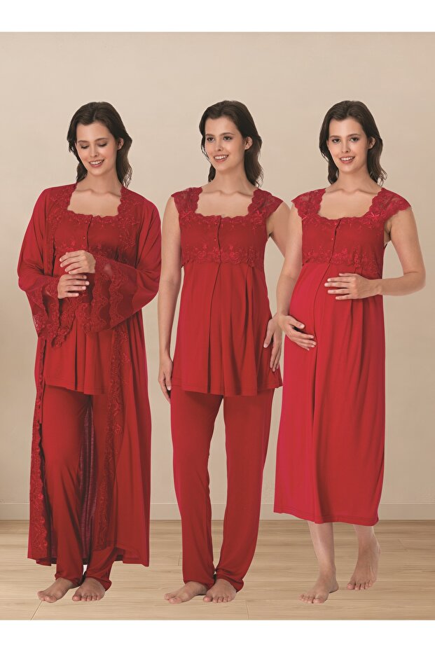 Maternity Pajamas and Nightgown Set with Breastfeeding Feature, 4-Piece Set