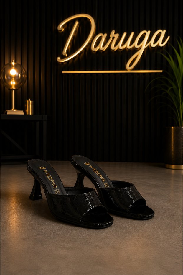 Women's Black Patent Leather Thin Heeled Slippers – Stylish Casual, Office and Event Footwear