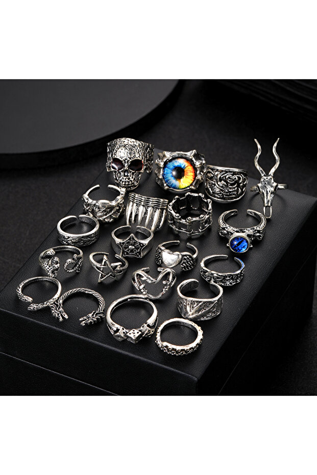 AYASilver 20Pcs/Set Retro Punk Gothic Rings for Women Men Silver Color Heart Evil Eyes Skull Snake P