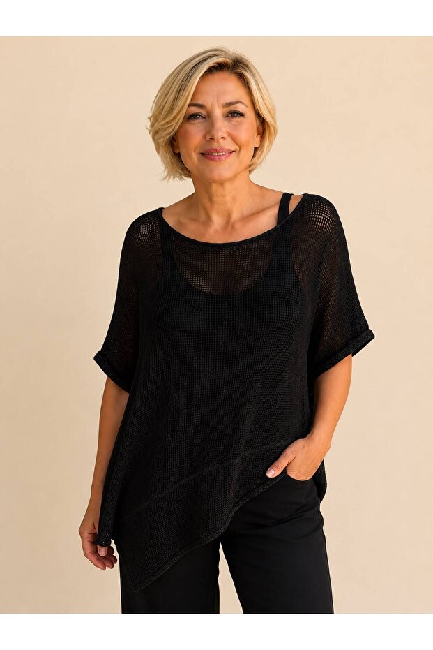 Women's Asymmetrical Cotton Fabric Mesh Blouse 42-50