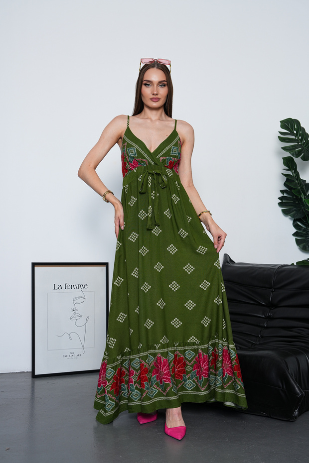 Full Length Straps Double Breasted Me Gathered Viscose Dress