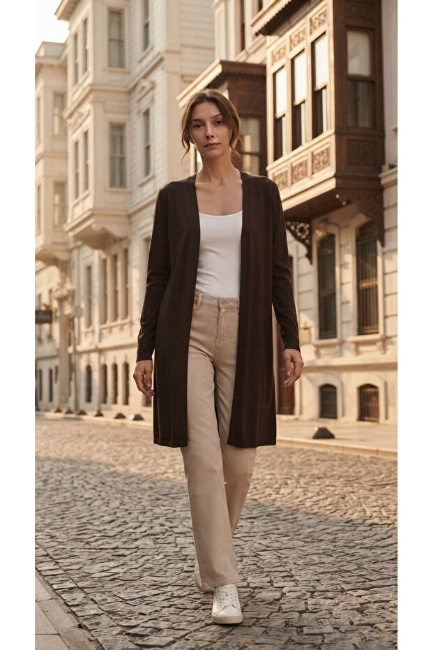 Women's Dark Brown Long Slit Basic Cardigan
