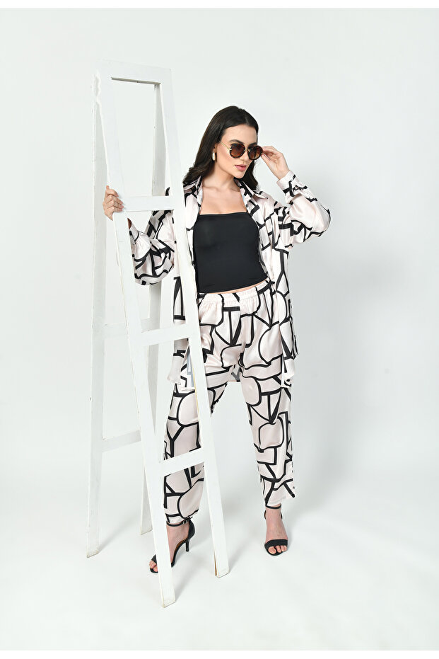 Abstract Geometric Line Art Co-Ord Set Japanese Satin Modest Wear