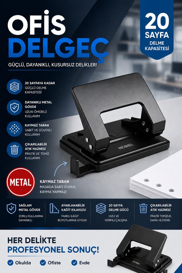 Office Metal Hole Puncher 20 Sheet Punching Capacity A4 Paper Puncher Non-Slip Base Durable Body