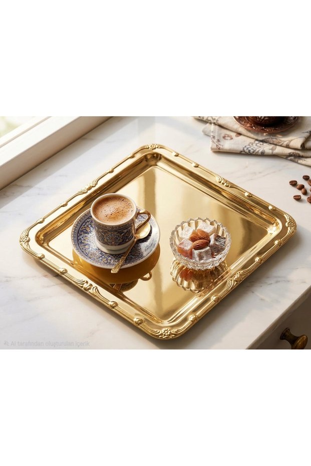 Gold Kare 1 Piece Tea and Coffee Presentation Tray with Gold Pattern on the Edge