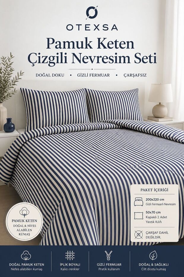 Cotton Linen Striped Double Duvet Cover Set 200X220 with Hidden Zipper Navy Blue