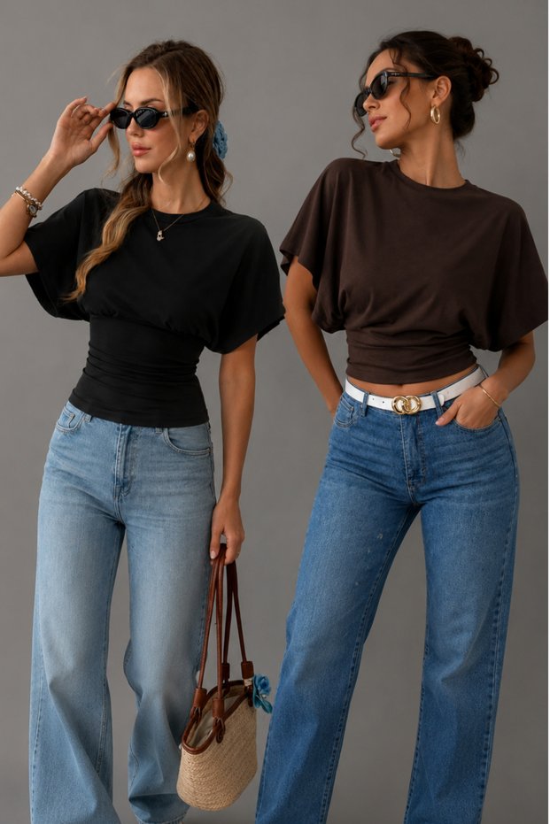 Qlay Women's 2-Piece Black Brown Fitted Waist Wide Sleeve Viscose Blouse - Soft Textured Stylish Summer Wear