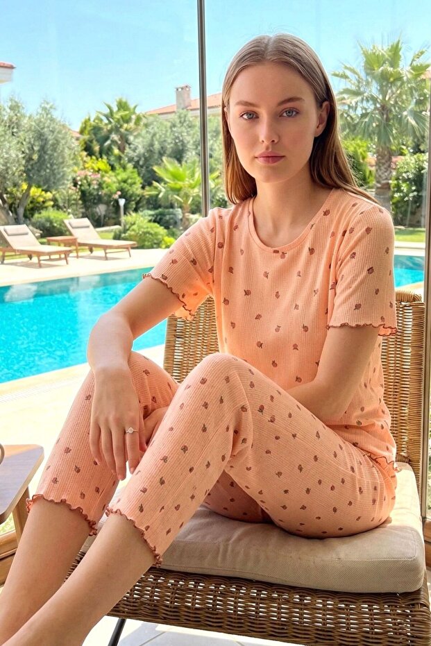 Women's Short Sleeve Crew Neck Peach Pattern Ribbed 100% Cotton Pajama Set