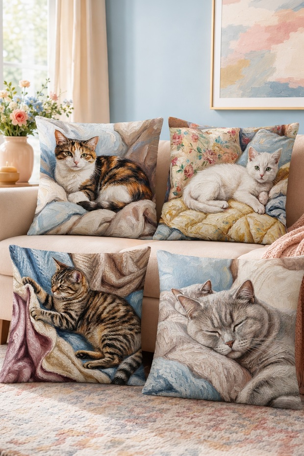 Sleepy Cats Patterned 4-Piece Throw Pillow Cover Set
