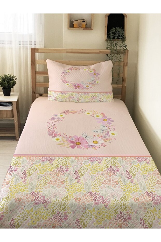 Flower Wreath Patterned Baby and Child Printed Single Pique Set 160X220 cm